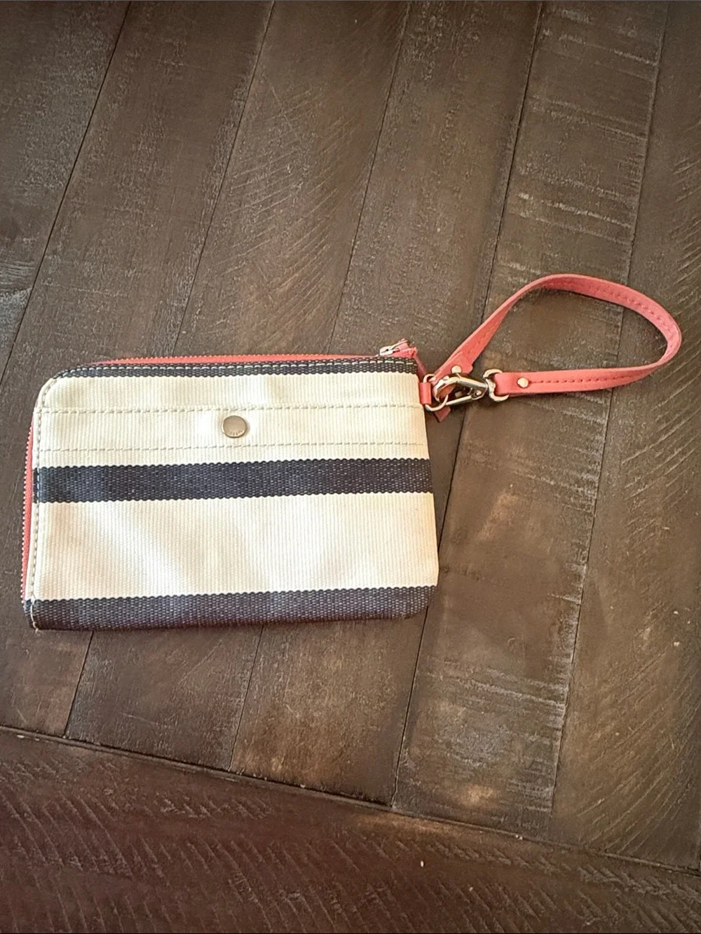 Fossil Cream and Navy Striped Wristlet with Coral Strap
